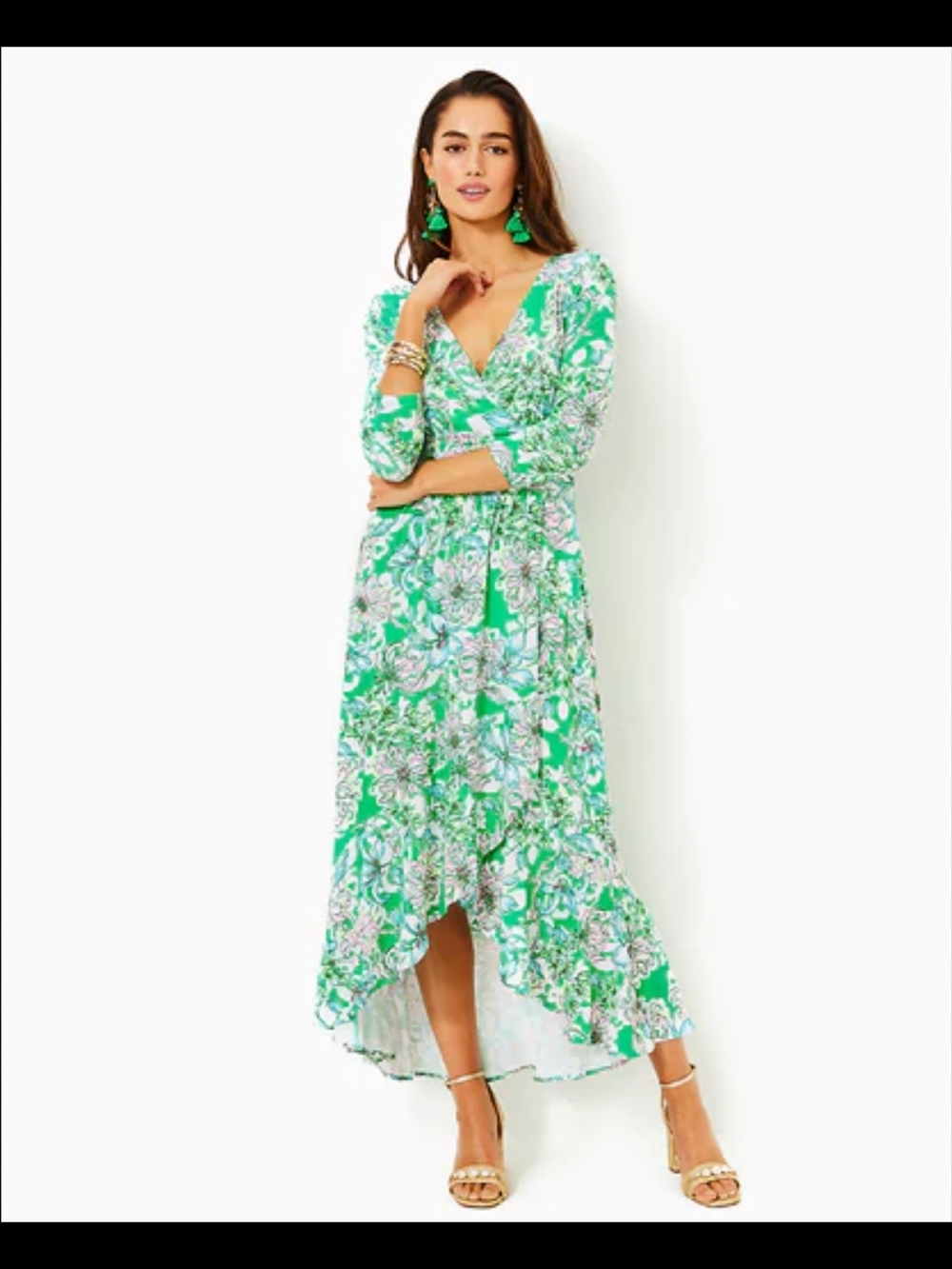 Lilly Pulitzer Moana 3/4 Sleeve Maxi Dress Print "Spearmint Blossom Views"